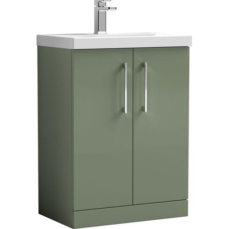 Balterley Contemporary Bathroom Floor Standing 2 Soft-Close Door Vanity Unit & Mid-Edge Basin, Satin Green, 600 mm (1/5)