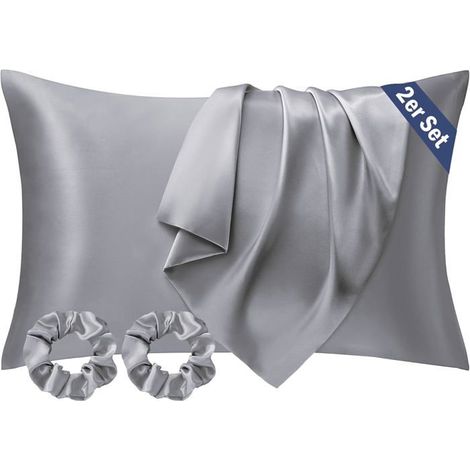 Two-piece satin pillowcase set, 50 x 70 cm, silky smooth texture, gentle on hair and skin, grey, includes two hair ties. (1/4)