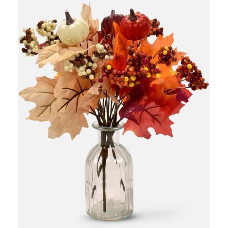 HOMESCAPES Set of 3 Artificial Autumn Bouquet Bushes - Maple Leaves, Berries, Pumpkin (1/4)