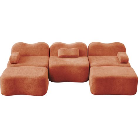 Canapé modulaire 3 places en U sans structure, mousse haute densité 32D, tissu velours orange avec 2 ottomans (1/5)