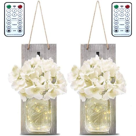 Lot de 2 guirlandes lumineuses LED, applique murale vintage en bocal Mason avec décoration en bois et fleurs artificielles, guirlande lumineuse rustique pour Halloween, décoration murale pour chambre (1/5)