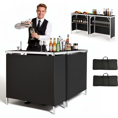 Table de Bar Pliable Portable, 2 PCS, 980x385x870 mm, avec Sac de Transport, Étagère de Rangement et Jupe Amovible, Comptoir de Bar Mobile pour Événements, Fêtes, Foires et Salons Professionnels (1/5)