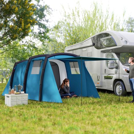 Tente de camping gonflable tente gonflable tunnel 3-6 personnes chambre à coucher salon porche bleu 420 x 200 x 150 cm design moderne