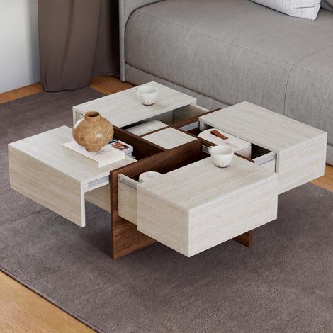 Mesa de centro cuadrada TALIA de 70 cm con cajones de madera con acabado de nogal y tablero de travertino (1/5)