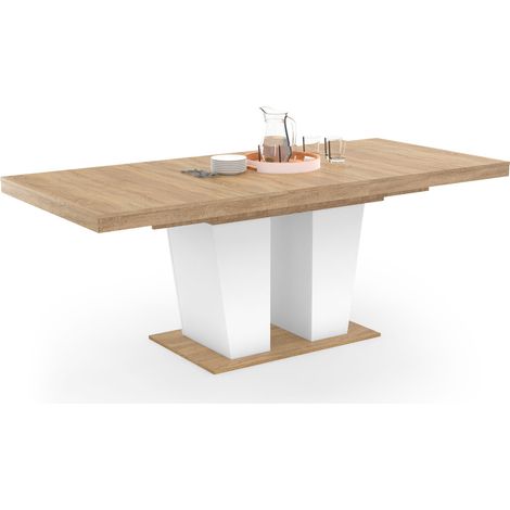 Idmarket – Table à manger extensible rectangle 6-10 personnes – Bois mélaminé blanc et bois – Longueur 160-200 cm – Design contemporain