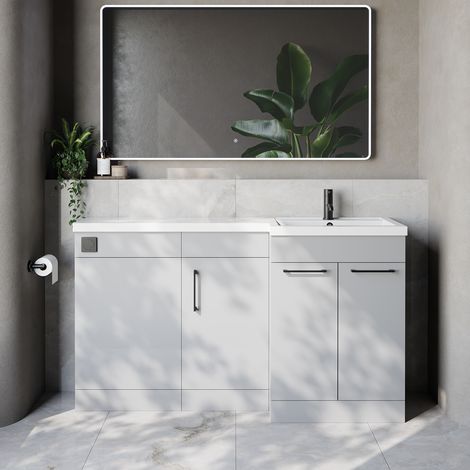 Napoli 390 Gloss Grey Pearl 1500mm 3 Door Vanity Unit Toilet Suite with Right Hand Square Lucia Basin - 1500mm - Matt Black 160mm HandleWithout Kingston Toilet Pan