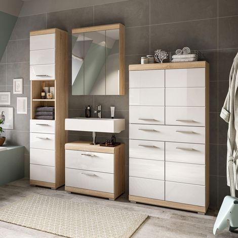 Armoire de toilette + 3 meubles chêne et blanc - LAMBY