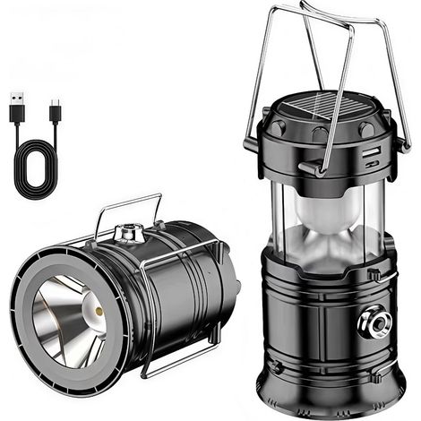 Lampe de camping solaire multifonctionnelle rechargeable avec batterie et chargeur intégrés lampe portable de secours pour extérieur et coupure de courant couleur noire (1/2)