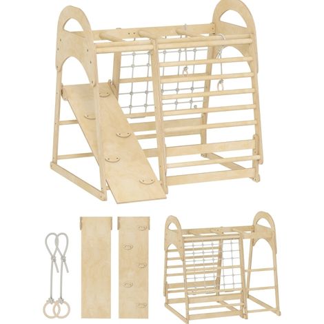 Estructura de escalada infantil interior 6 en 1 con tobogán, red y escalera de madera (1/5)