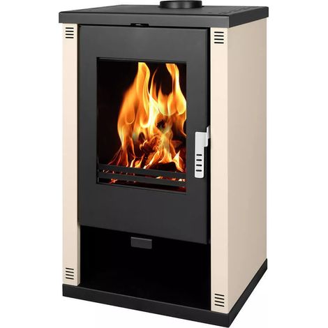 Poêle à bois 9 kW – Chambre de combustion spacieuse – Évacuation des fumées 150 mm – Efficacité 81,2% pour grands espaces – Verso