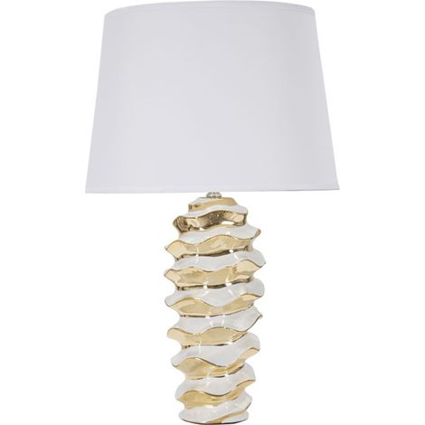 Lampada da tavolo Glam Space in ceramica bianca e oro con paralume