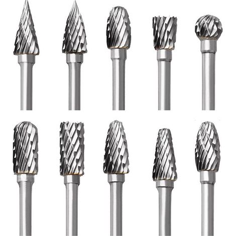 Jeu de Fraises en Carbure de Tungstène pour Dremel, 10 Pièces Fraises Rotatives à Double Coupe avec Tige de 1/8" pour Sculpture sur bois, Gravure, Perçage, Polissage, Travail du métal (1/5)