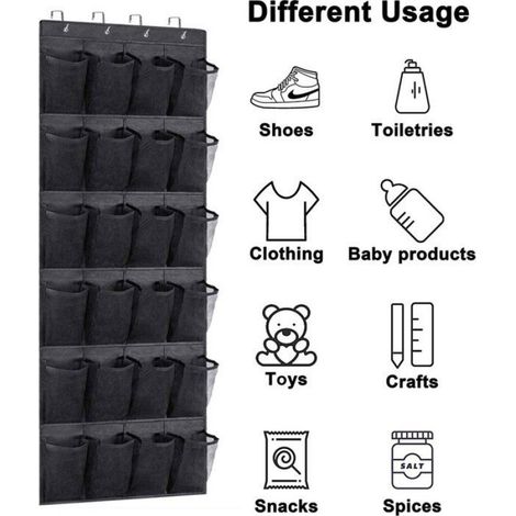 Organisateur Chaussures - 24 Compartiments - Pour Porte - 56 x 150 cm - Noir (1/4)