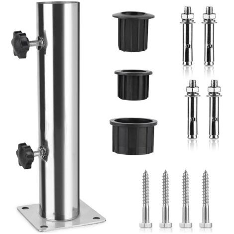 Tube Parasol, Pied de Parasol, Support Parasol en Acier Inoxydable Réglable avec 3 Anneaux de Réduction en PVC (32/38/48mm), Pied pour Parasol avec 8 Clous en Acier