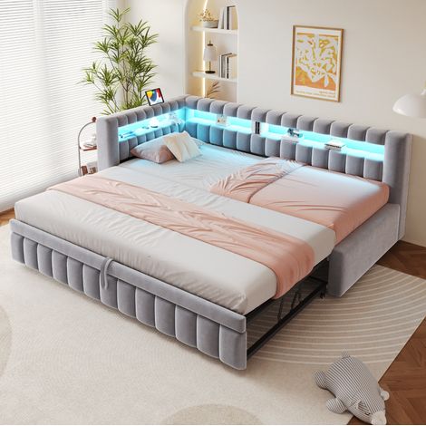 Schlafsofa 90x200 cm aus hellgrauem Samt mit LED und USB, für kleine Räume – MEUBLIV (1/5)