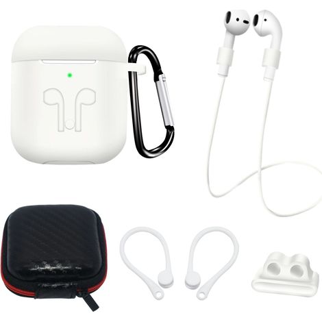 Juego de funda de silicona para AirPods 2 / AirPods 1 + estuche / gancho para la oreja / correa para el cuello / soporte para correa de reloj / mosquetón - Blanco