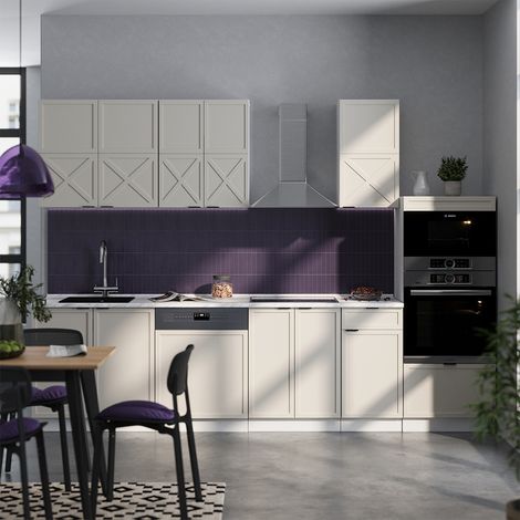 Küchenzeile Fame-Line, GrauBeige/Weiß, 300 cm mit Hochschrank, ohne Arbeitsplatte, Vicco