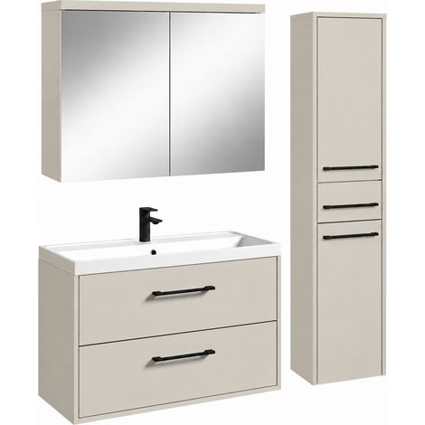 Badplaats Set Mobile Bagno Florence 80 x 40 cm - Cashmere - con Lavabo, Specchio Contenitore e Colonna (1/5)