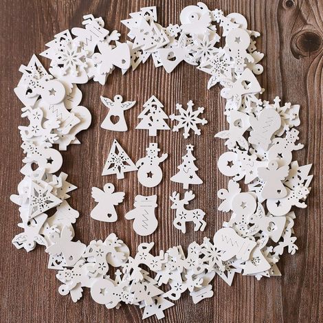 Mini Wooden Christmas Ornament, Approx. 100 Pieces Christmas Ornament, Mini Snowflakes, Santa Claus, Wooden Discs, Scatter Decoration, DIY Crafts, Christmas (White/Christmas9) (1/4)