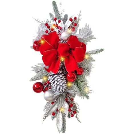 Couronne de Noël en forme de larme avec lumières - Couronne de Noël illuminée en bois de pin - Décoration de Noël pour escaliers et fenêtres - 45 x 20 cm - Rouge (1/4)