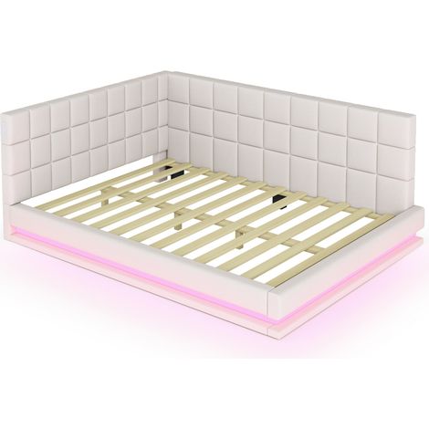 Divano letto capitonné 140 x 200 beige con LED, porta USB e rete a doghe (1/5)