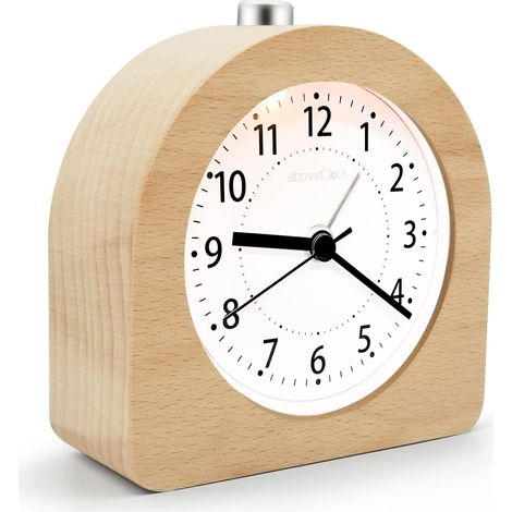 Réveil Matin à Piles Fonction Snooze Réveil Bois de Voyage Lumineux Réveil Analogique Silencieux sans Tic-Tac Horloge à Aiguilles Alarme Sonore Croissante - Bois Clair