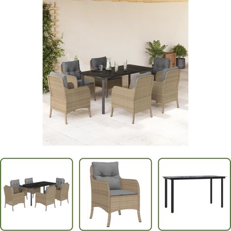 Gartenstuhl - 7-tlg. Garten-Essgruppe mit Kissen Beige Poly Rattan (1/5)