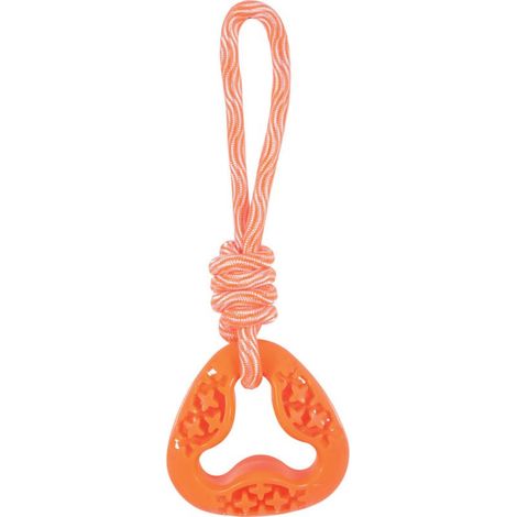 Anneau triangulaire en TPR et corde, longueur totale 24,5 cm, orange, jouet pour chien. (1/4)