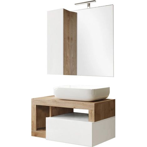 ARTURO - Meuble Vasque 78cm suspendu + Miroir blanc et aspect bois finition Cadiz (1/5)