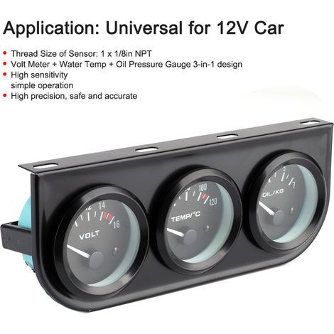 3-in-1 NPT 1/8 Zoll 52 mm Kfz-Manometer mit Voltmeter, Temperatur- und Druckanzeige