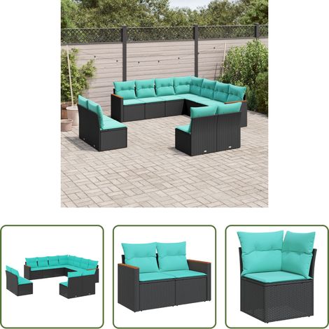 Gartenmöbel - 11-teiliges Gartensofa-Set mit Kissen, schwarzes Polyrattan (1/5)