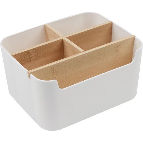 Rangement Bureau Organisateur en Bambou, Organisateur de Bureau Multifonctionel Boîte avec 5 Compartiments Amovibles pour Stylos, Notes Autocollantes, Ciseaux (Blanc) (1/5)