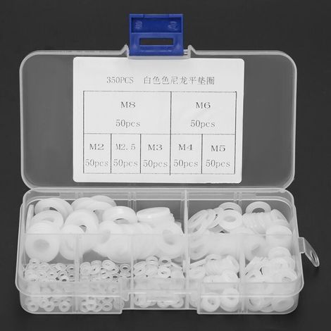 UlisemKit di rondelle in plastica, 350 pezzi, rondelle piatte in nylon bianco, M2/M2.5/M3/M4/M5/M6/M8 per componenti di collegamento (1/4)