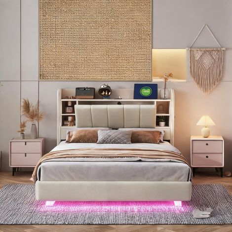 Cadre de lit beige en upholstered 214,5 x 145 x 114 cm (1/5)