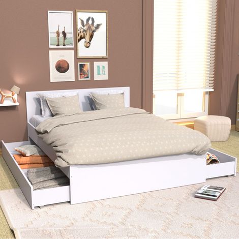 Le Quai Des Affaires – Lit double OSLO 160x200 avec 2 tiroirs – Structure en panneau de particules blanc – Dimensions 202x164x80 cm – À monter soi-même