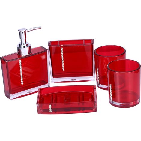 Juego de 5 accesorios de baño de acrílico: vaso, botella, portacepillos de dientes y jabonera.