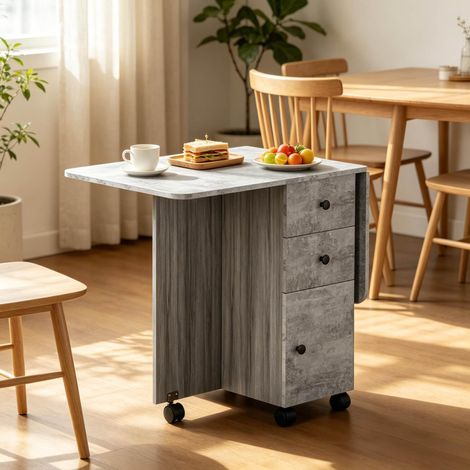 Table à manger pliante grise en panneau de particules, roulettes et tiroirs MODENUIT (1/5)