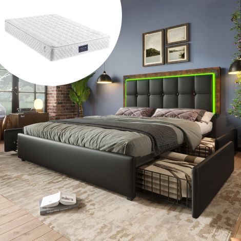 Struttura letto con striscia LED e 4 cassetti, letto matrimoniale imbottito 160x200 cm, testiera regolabile in altezza, letto funzionale, rivestimento in PU nero (materasso incluso)