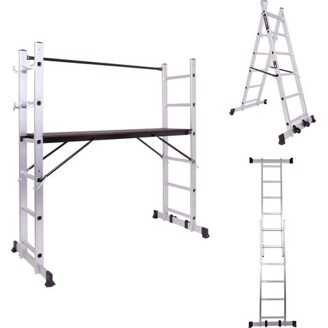RIG-100 - Impalcatura Multifunzione Trabattello 3 in 1 H165,5 cm Scala in Alluminio con Ruote