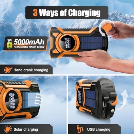 Rechargeable Portable Radio Dynamo avec Lampe de Poche LED, Power Bank 5000mAh AM/FM Radio Manivelle Solaire, SOS Alarm/Lampe Poch/3W Haut-parleurs, Outdoor, Emergency (1/4)