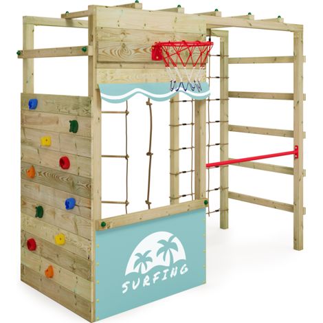 WICKEY Wooden climbing frame Smart Action Garden playhouse with climbing wall & play-accessories - pastel blue