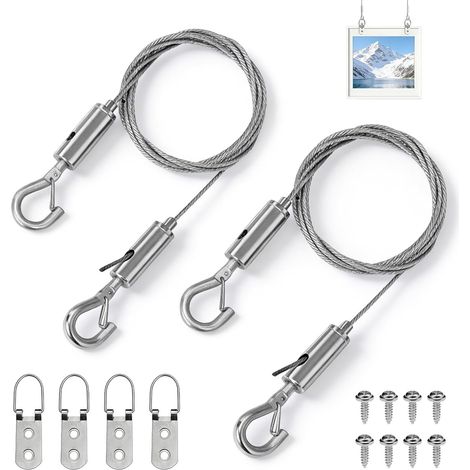 1m x 1.5mm Adjustable Hanging Rope, Stainless Steel Hanging Rope with Eyelets and Hooks, for Framing Canvas, Photo Frames, Mirrors and Light Lamps (2 Pack) (1/5)