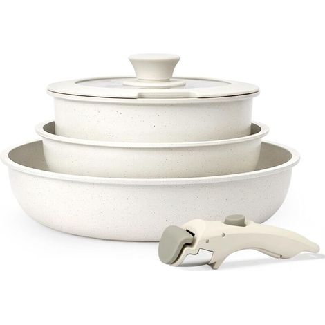 Lot de 5 casseroles et poêles avec poignée amovible, avec revêtement anti-adhésif, compatible avec plaques à induction, passent au four/lave-vaisselle, pour tous les types de feux (1/4)