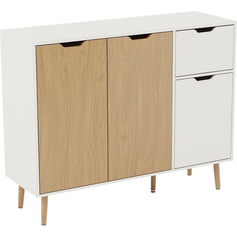 Sideboard Storage Cupboard Cabinet 3 Door 1 Drawer Buffet, Oak-&-White