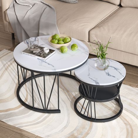 BLANKETSWARM - Lot de 2 tables basses gigognes rondes – 70 x 45 cm et 45 x 40 cm – Plateau en bois effet marbre PVC – Pieds en métal – Style industriel, Noir (1/3)