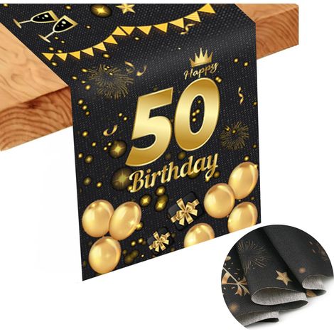 Chemin de table - En lin - Pour 50e anniversaire - Noir et doré - Pour 50 ans - Décoration de fête - 186 x 34 cm (1/5)