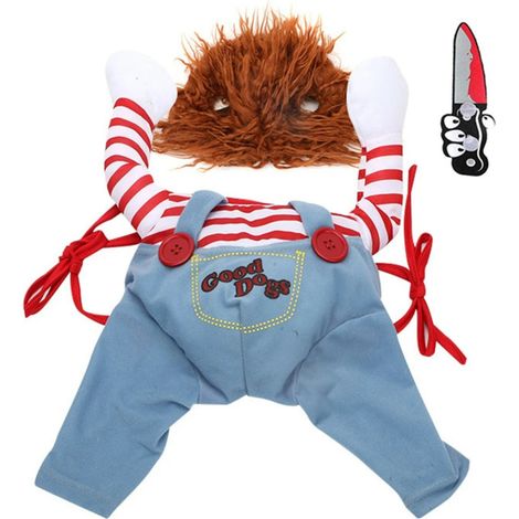 Ropa y peluca para mascotas transformadas para Halloween, divertido disfraz de perro con muñeco ensangrentado y cuchillo, artículos para fiestas de mascotas (S) (1/5)