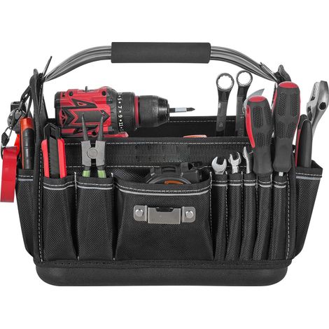 Mophorn Bolsa de herramientas de 330 mm, diseño abierto con 33 compartimentos, organizador portátil para trabajos eléctricos, base de plástico resistente, correa ajustable para el hombro (1/5)