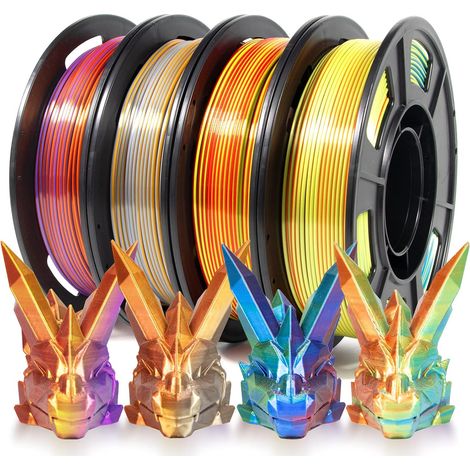 PLA Silk Filament 1.75mm, Soie Tri-colore PLA Filament pour Imprimante 3D, 4 Bobines de 250g Mélange de Couleurs PLA Filament, Précision dimensionnelle +/- 0.03 mm (1/5)