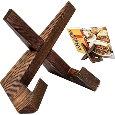 Support Assiette Bois Massif Rainure Antidérapante pour Livre Tablette  Chêne :Finition anti-graisse carbonisée Rainure :Bloque livres et assiettes Assemblage :Structure X stable (1/5)